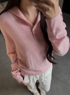 樱花粉POLO翻领羊绒衫女套头