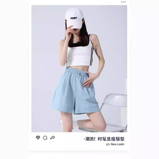 新款 夏季 高腰显瘦阔腿抽褶高腰A版 型工装 女 伞兵裤 裤 速干休闲短裤