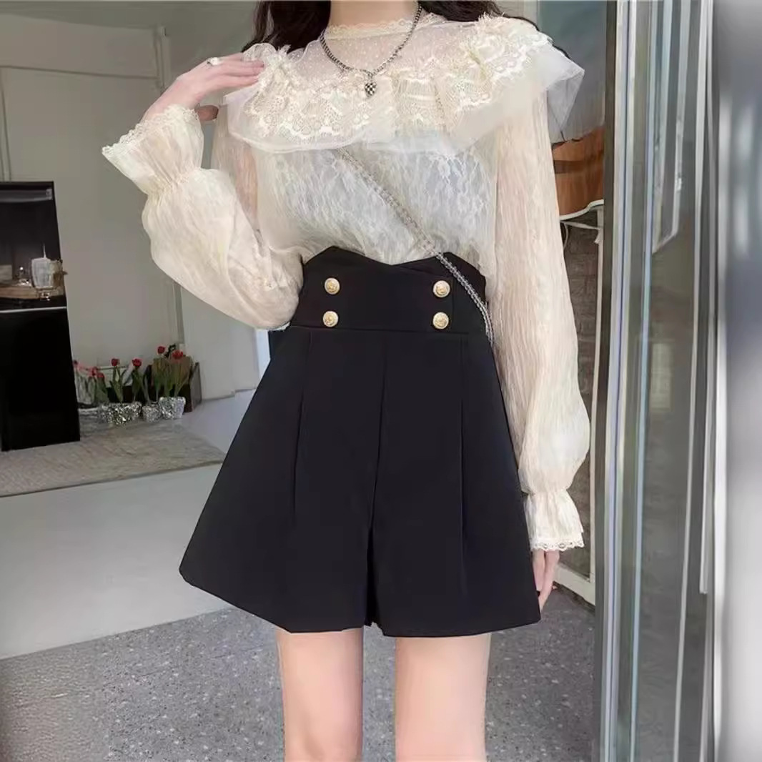 黑色高腰西装阔腿短裤女宽松外穿设计感小众拉链休闲A字裤秋