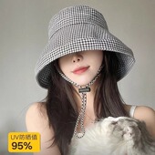 太阳帽子 防紫外线大檐遮阳帽遮脸时尚 千鸟格子防晒渔夫帽女款 夏季