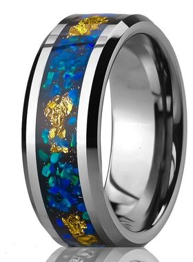 宽平面倒角钨钢戒指镶嵌蓝色欧珀