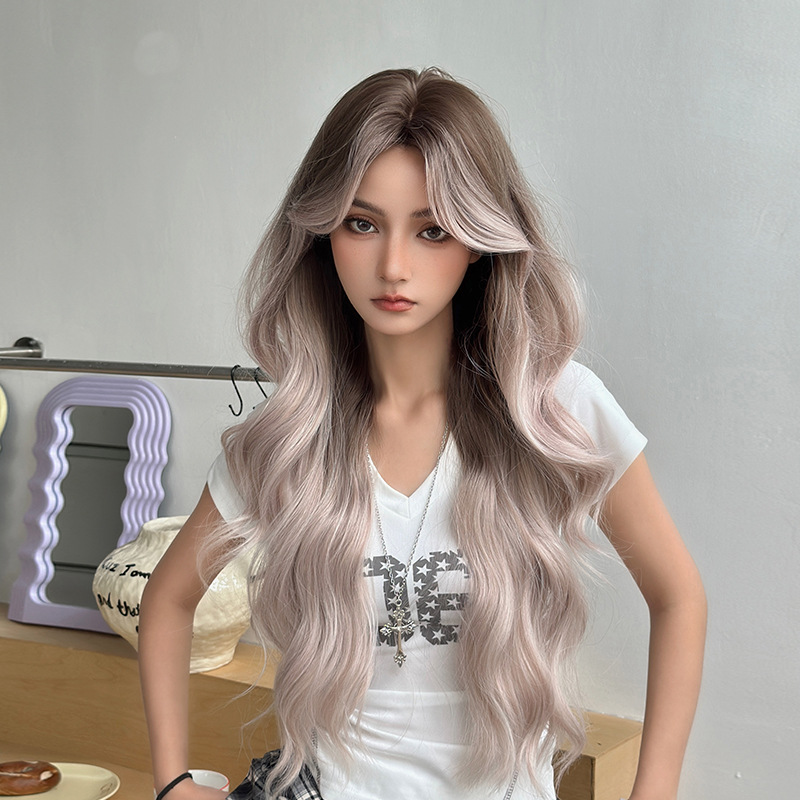 新品跨境假发女长卷发中分八字刘海化纤仿真发整顶全头套