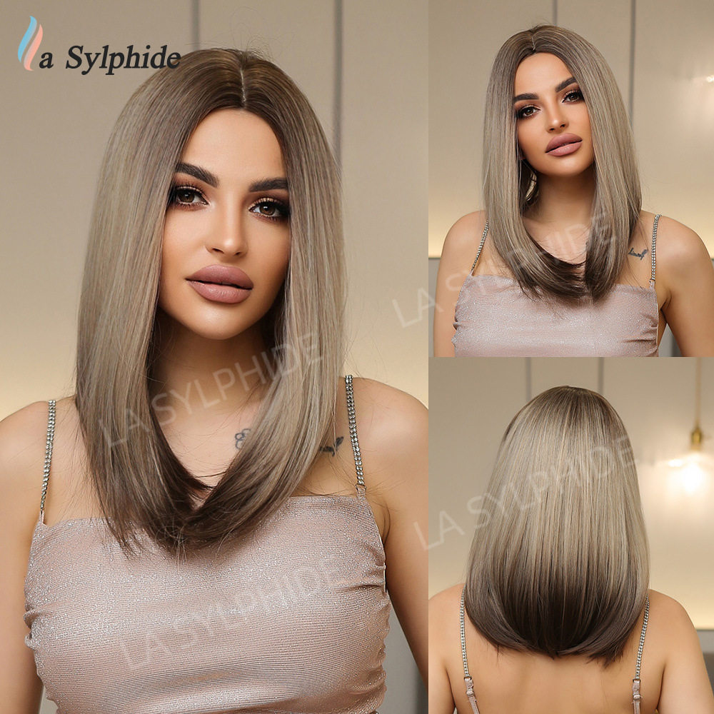 欧美跨境外贸出口wigs渐变 灰白色中分长直发外贸机制化纤女hair
