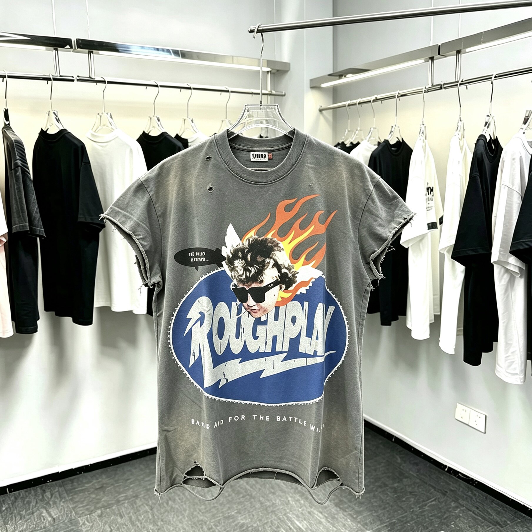 ROUGHPLAY复古烫钻坎肩背心美式火焰人像破洞下摆无袖短袖男女潮