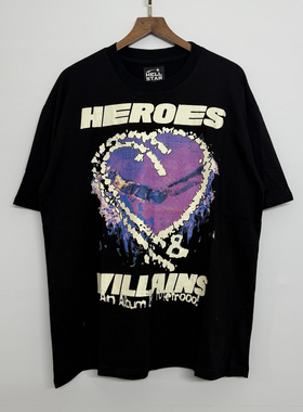 hell地狱之星紫色爱心印花美式高街水洗做旧短袖T恤男女宽松嘻哈