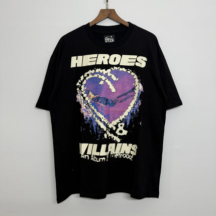 hell地狱之星紫色爱心印花美式高街水洗做旧短袖T恤男女宽松嘻哈