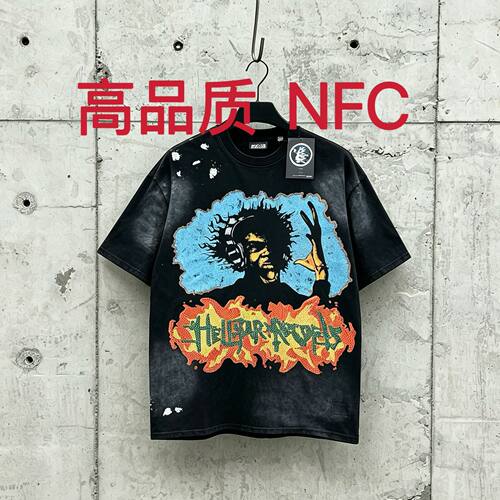 NFC高品质Hell地狱之星爆炸头烫钻短袖男美式高街做旧宽松T恤