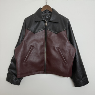 erd美式高街新款黑红拼接撞色铆钉皮衣外套男女宽松休闲机车夹克