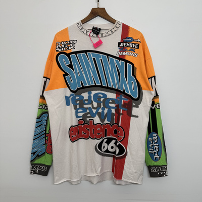 高版本SaintMichael美式复古水洗做旧男女同款宽松休闲长袖T恤潮