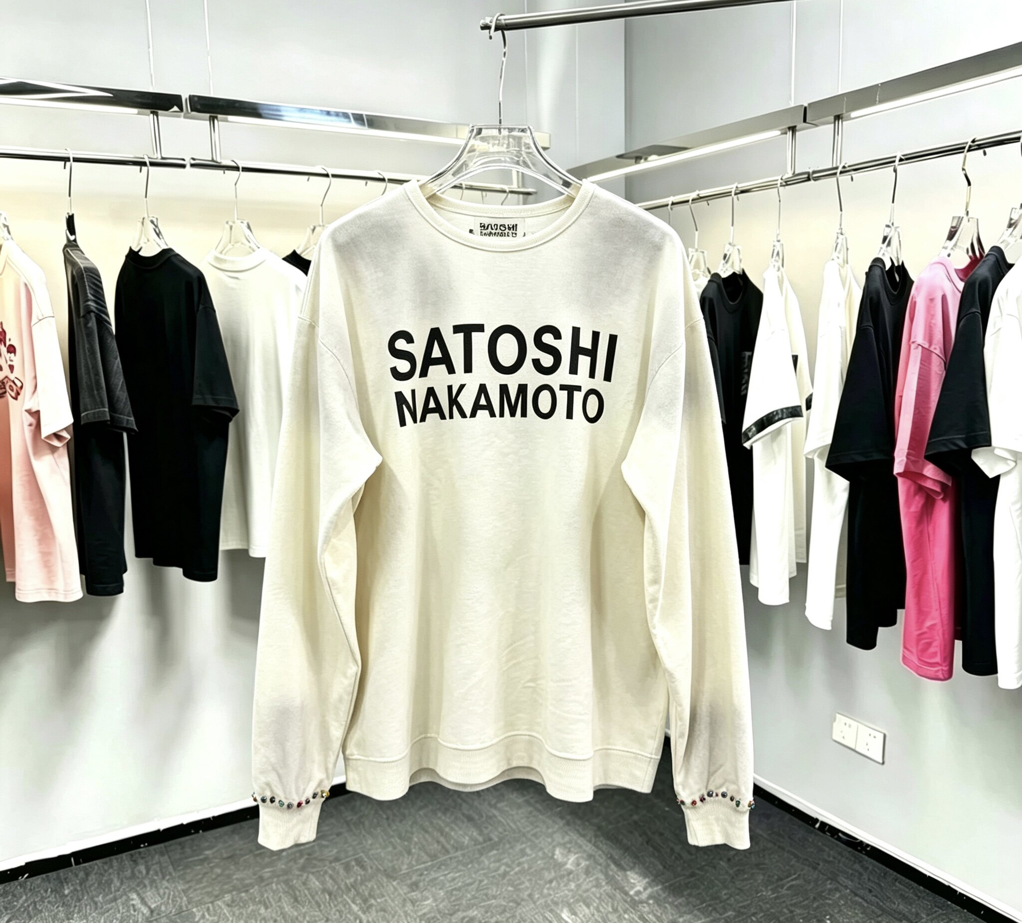 SATOSHI NAKAMOTO水洗钉珠华夫格长袖T恤高街字母铆钉宽松上衣潮图片