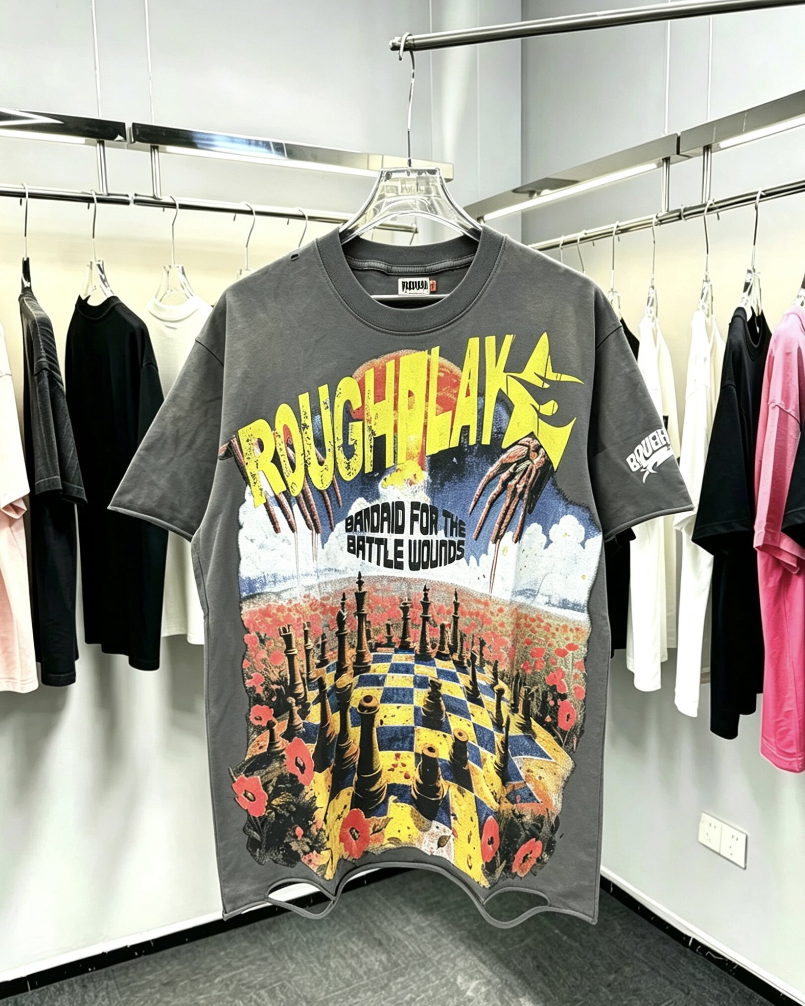RoughPlay国际象棋印花做旧水洗短袖T恤美式复古宽松卷边破洞上衣