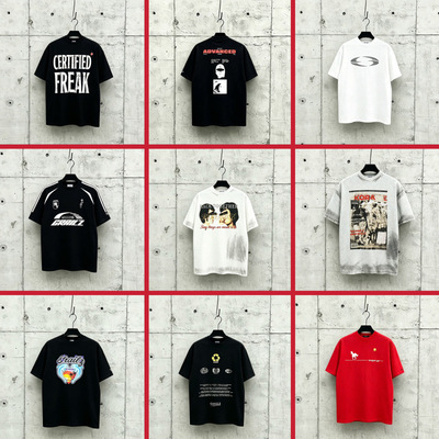 跨境专供Grailz字母印花短袖T恤男 复古街头风宽松纯棉落肩半袖