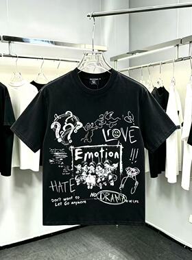 MIXED EMOTION美式高街水洗做旧涂鸦十字架印花短袖宽松重磅棉T恤
