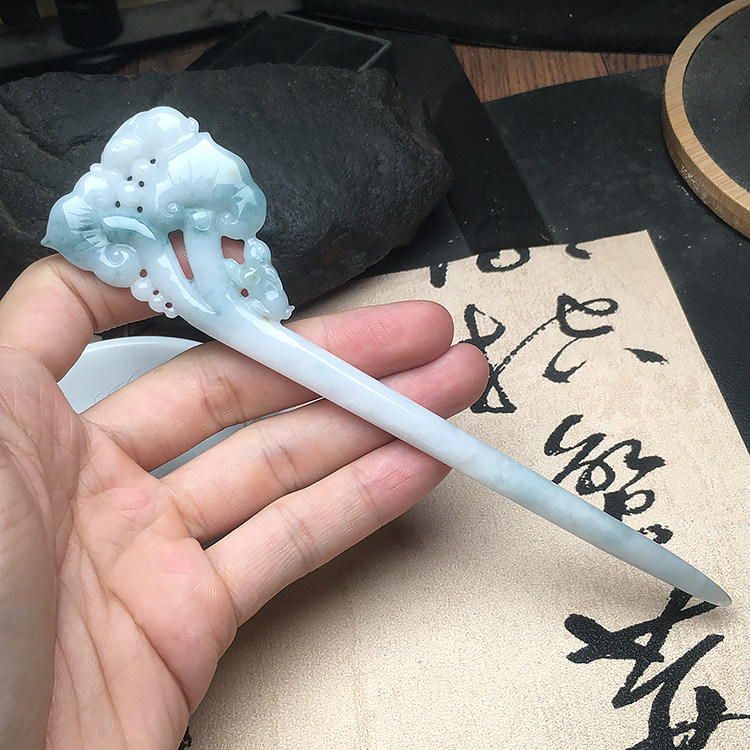 玉石寨A货翡翠冰糯种如意发簪