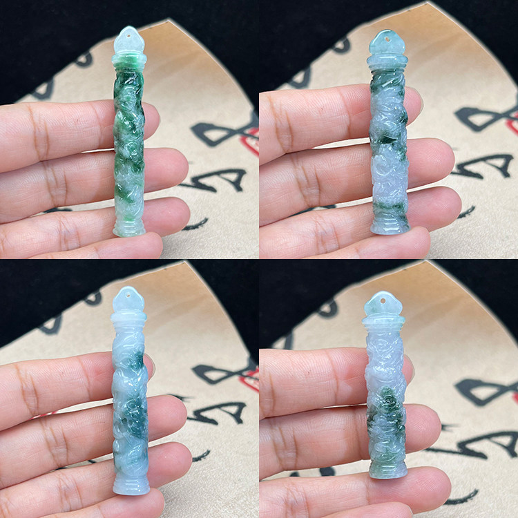 缅甸A货翡翠冰糯飘蓝龙柱吊坠
