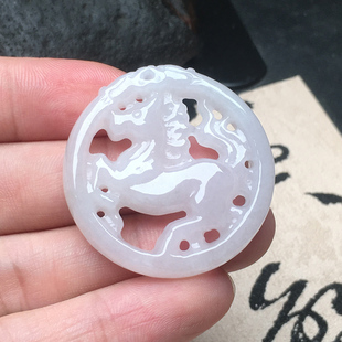 玉石寨玉器生肖马圆牌吊坠缅甸保真冰糯种A货翡翠玉马项坠送证书