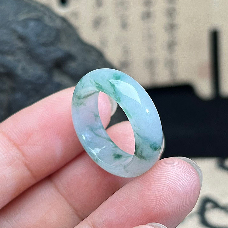 缅甸翡翠A货冰糯种飘花戒指H女款16MM天然玉石指环戒圈正品送证书