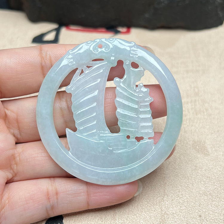 缅甸翡翠A货帆船吊坠玉佩冰润淡绿翡翠一帆风顺项坠挂件正品送证