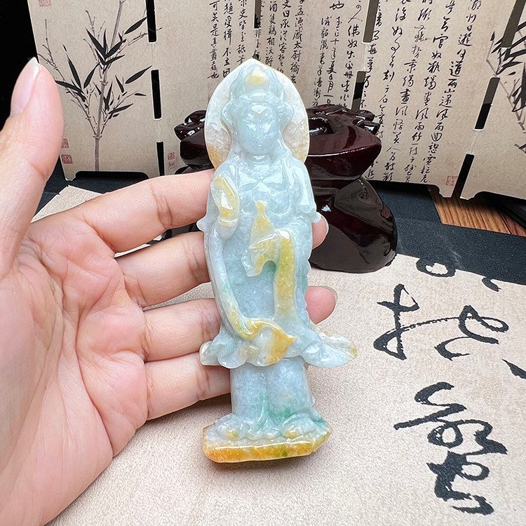 缅甸天然翡翠A货观音摆件冰糯种黄翡翠玉观音菩萨家用供奉玉佛像