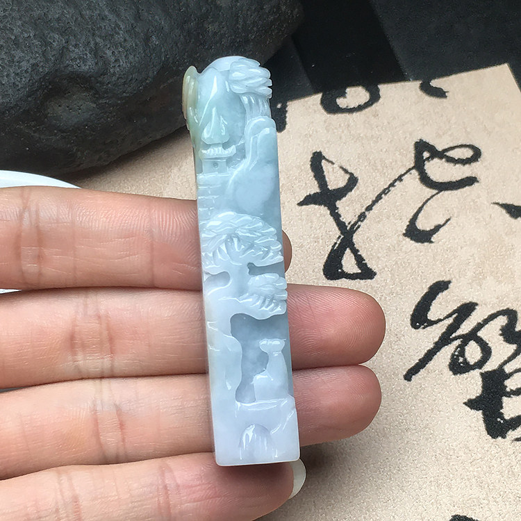 包邮冰糯种翡翠山水印章缅甸老坑四会工A货玉器玉章可刻字送证书