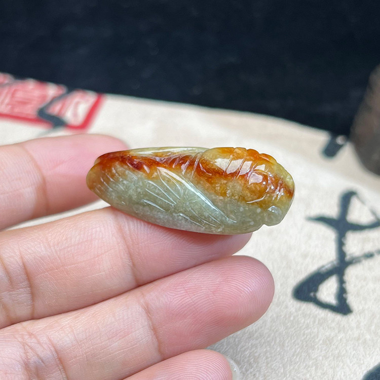 缅甸翡翠A货黄红翡金蝉吊坠冰糯种玉石一鸣惊人挂件一图一物保真