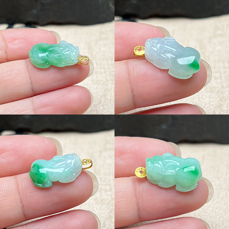 翡翠貔貅18K金镶嵌吊坠缅甸玉石A货阳绿小皮丘女款项链项坠送证书