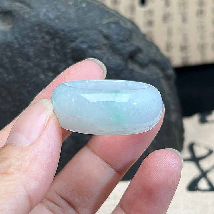 缅甸翡翠A货老坑飘绿花扳指22MM玉戒指H冰糯种指环男款正品送证书