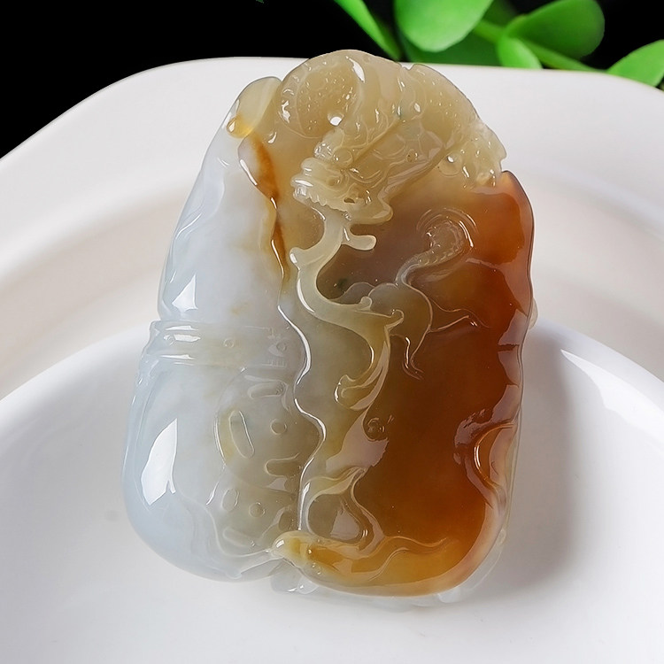 玉石寨玉器H保真缅甸A货翡翠龙凤挂件红黄翡龙凤呈祥玉佩大件精品