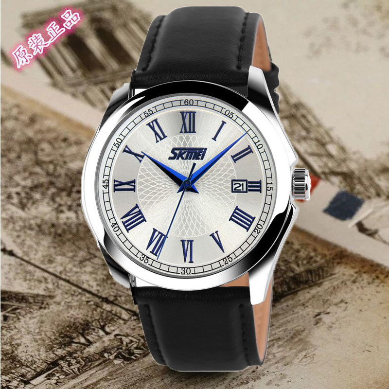 时尚潮流正品手表男女防水双日历男表学生真皮带情侣石英表非机械