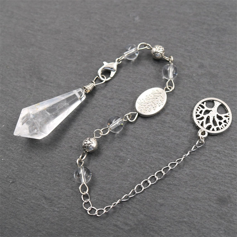 天然白水晶灵摆项链紫晶石六角锥吊坠生命树挂件复古饰品pendulum