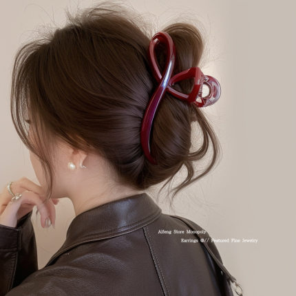 安哥拉红丝带抓夹女2024新款高级感大号发量多后脑勺鲨鱼夹子头饰