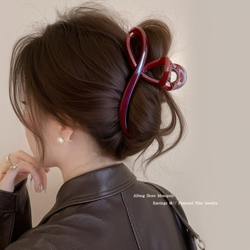 安哥拉红丝带抓夹女2024新款高级感大号发量多后脑勺鲨鱼夹子头饰