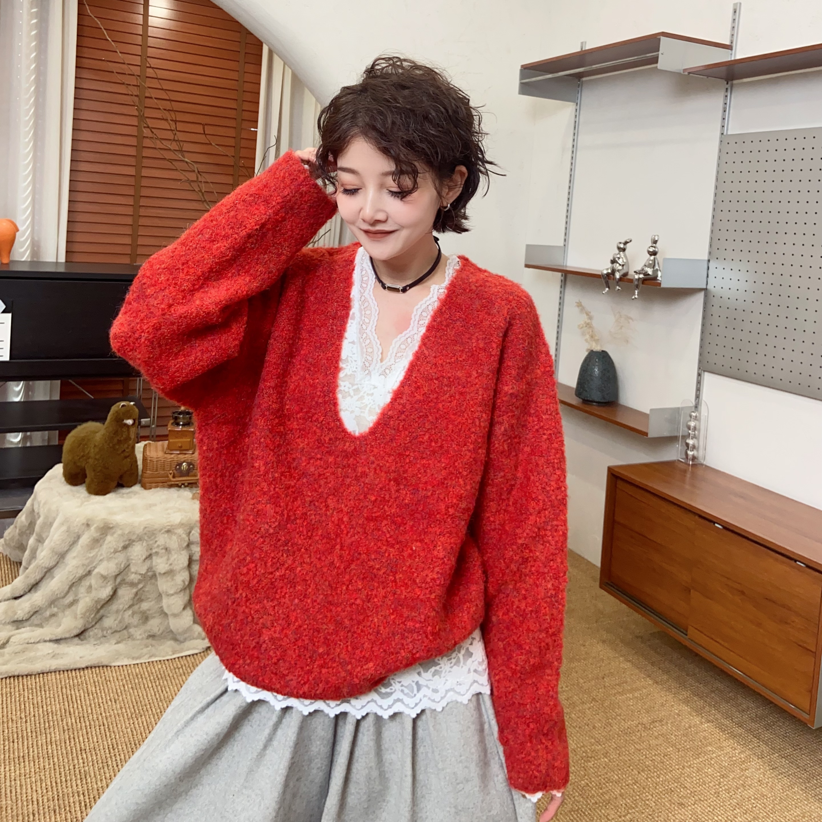 DD STY【冬款上新】小众设计V领羊圈毛羊毛毛衣 36028