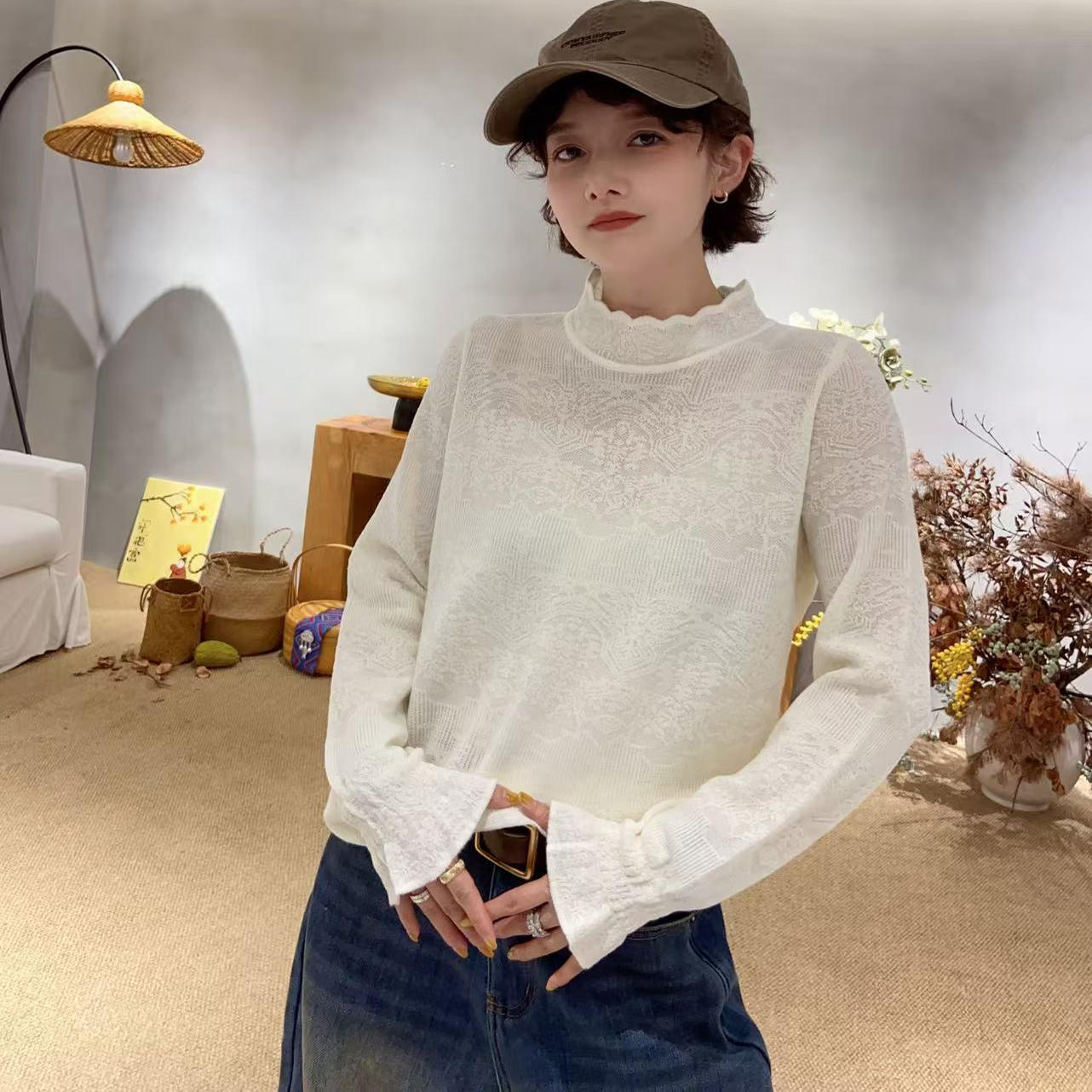 【DD STY 六周年庆专享】波浪领羊毛钩花毛衣 7725