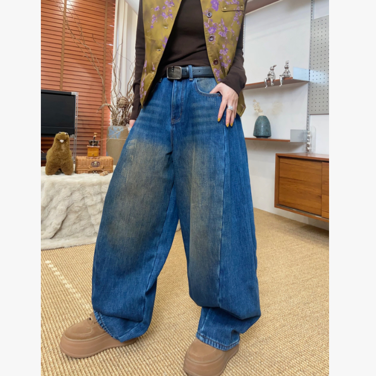 DD STY【冬款上新】小众设计加厚绒牛仔磨破脏脏牛仔裤 67559