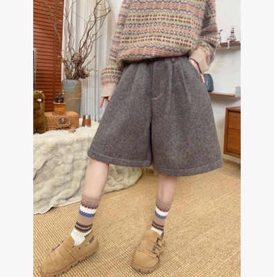 【50%羊毛】小众设计松紧腰头羊毛尼五分裤 48-2318