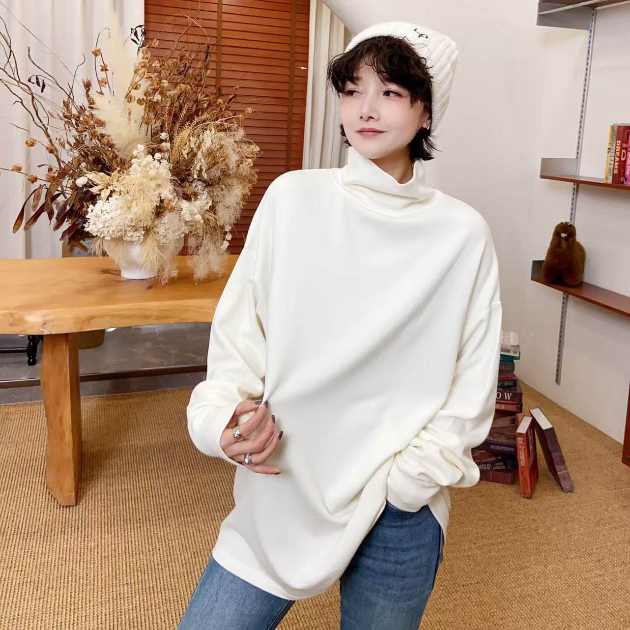 DD STY【冬款上新】小众设计纯色加绒堆堆领打底大版T 6280-1