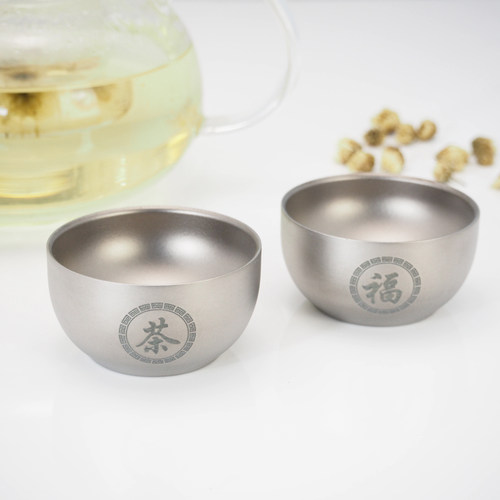 CHENGOW纯钛功夫茶杯酒杯双层防烫防摔户外露营便携45ml轻奢茶具