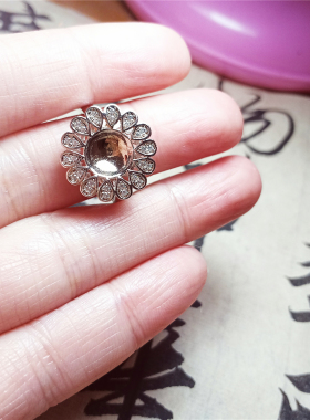 s925纯银镀白金镶水钻 太阳花形女款 活口 蓝珀圆珠 戒指托 空托