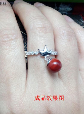 s925纯银镀白金 韩版 小巧精致 皇冠 挂珠 活口女款 戒指托  空托