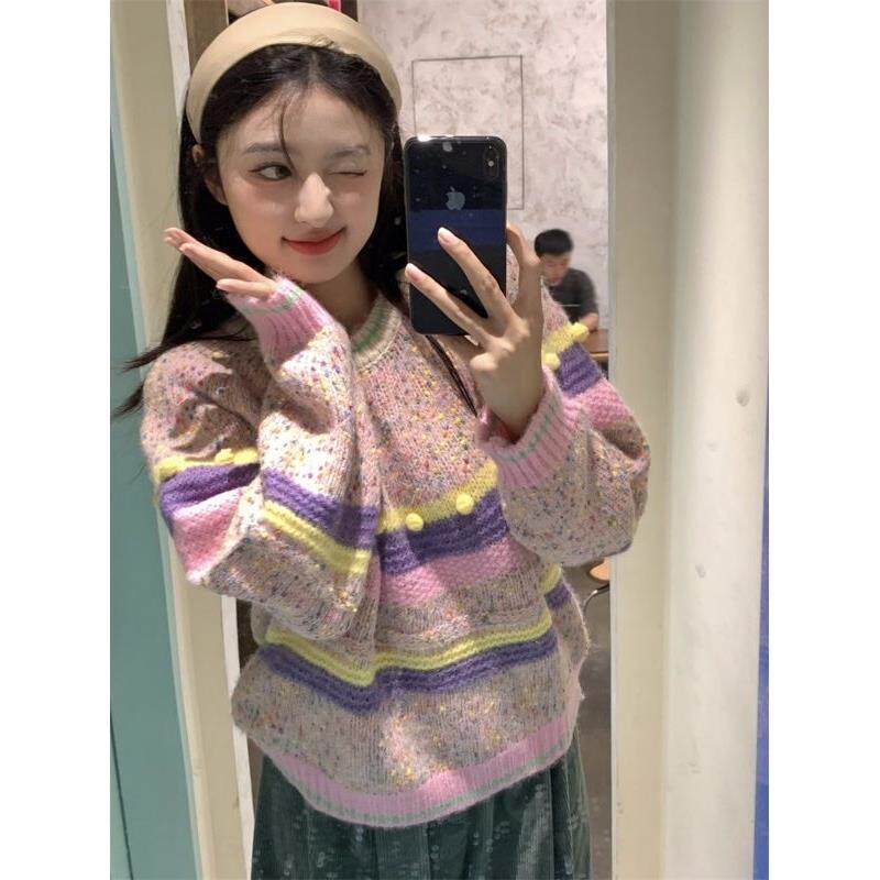 彩色球球针织加厚长袖毛衣女春季2026新款休闲宽松甜美设计感上衣