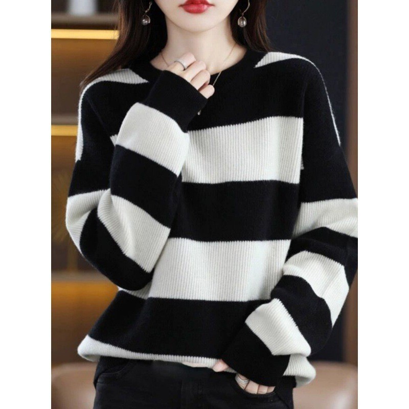 黑白条针织衫长内搭女秋冬新款宽松外穿纹时尚圆领套头袖毛衣