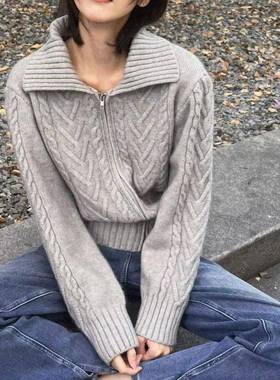 灰色麻链花拉毛衣外套女秋冬季加厚设计感小穿众外慵懒风针织开衫