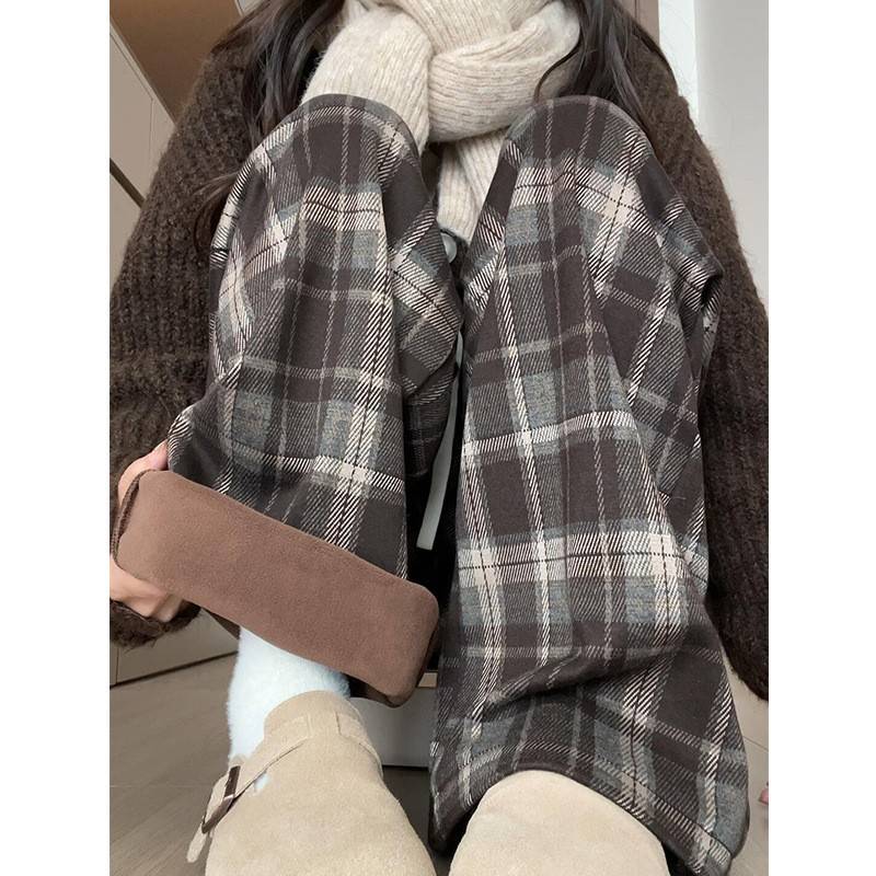 奥绒格裤子女秋冬新款加厚显窄瘦版直筒裤复古毛呢子加绒阔粒腿裤