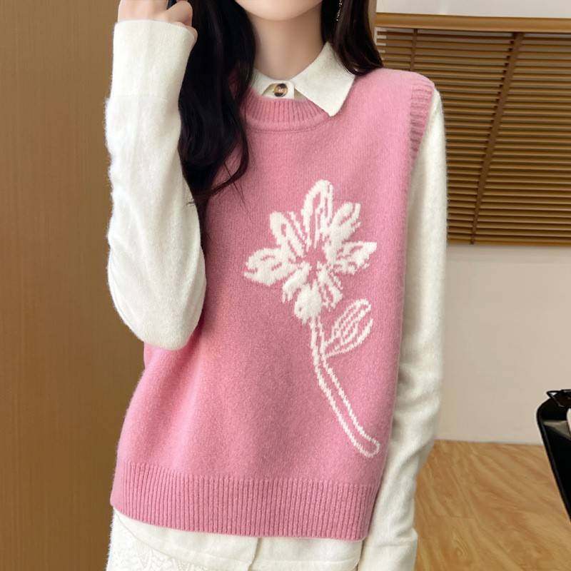 春秋系新款爆款圆领提花设计感小坎肩针织众马甲韩简约百搭背心女