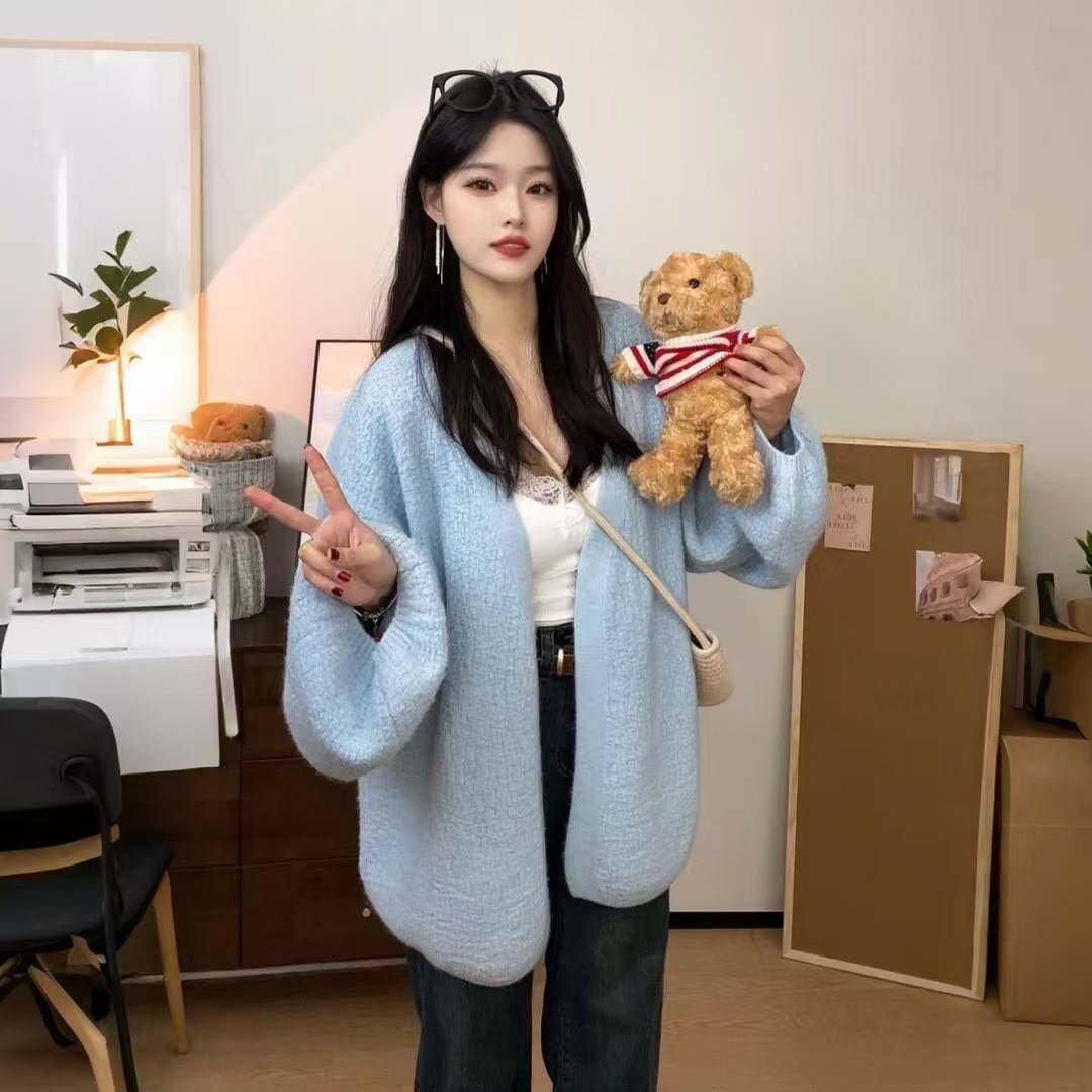 春秋慵懒风针织外搭无扣开女粗针设计感洋穿气灯笼袖外衫外套女装