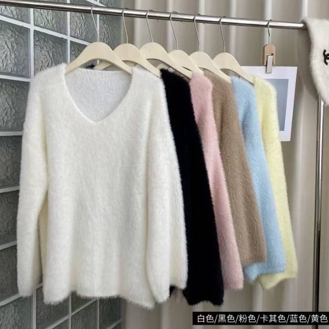 温柔软糯系冬水貂绒毛衣女秋加厚宽松慵懒领风上衣V中长款针织衫