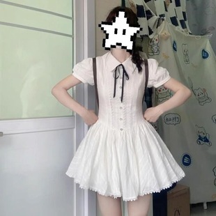 气质收腰小个子甜美短裙子 法式 学院风白色泡泡袖 衬衫 连衣裙女夏季