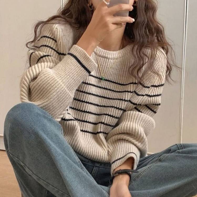 慵懒风坑条黑白条纹衣女潮毛203秋冬韩版宽松软糯圆领针织衫外2套