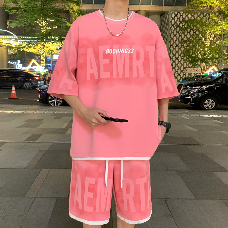 2025新款港风休闲大码套装男夏假两件扎染短袖短裤搭配两件套